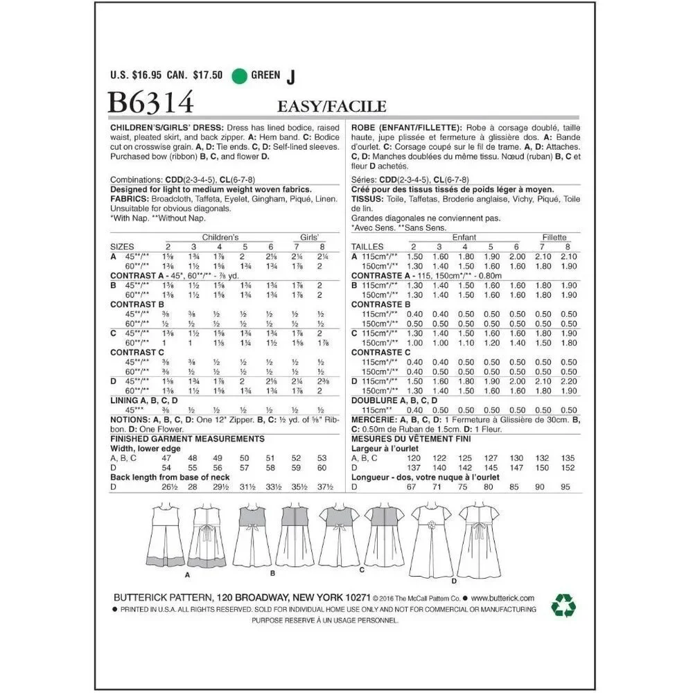 Butterick Sewing‎ Pattern 6314 Girls Skirt Dress Size 2-5